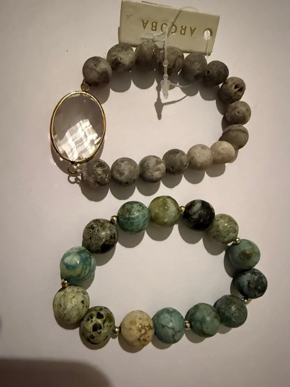 Stone Beaded Stretch Bracelet set of 2 with Gold Accents